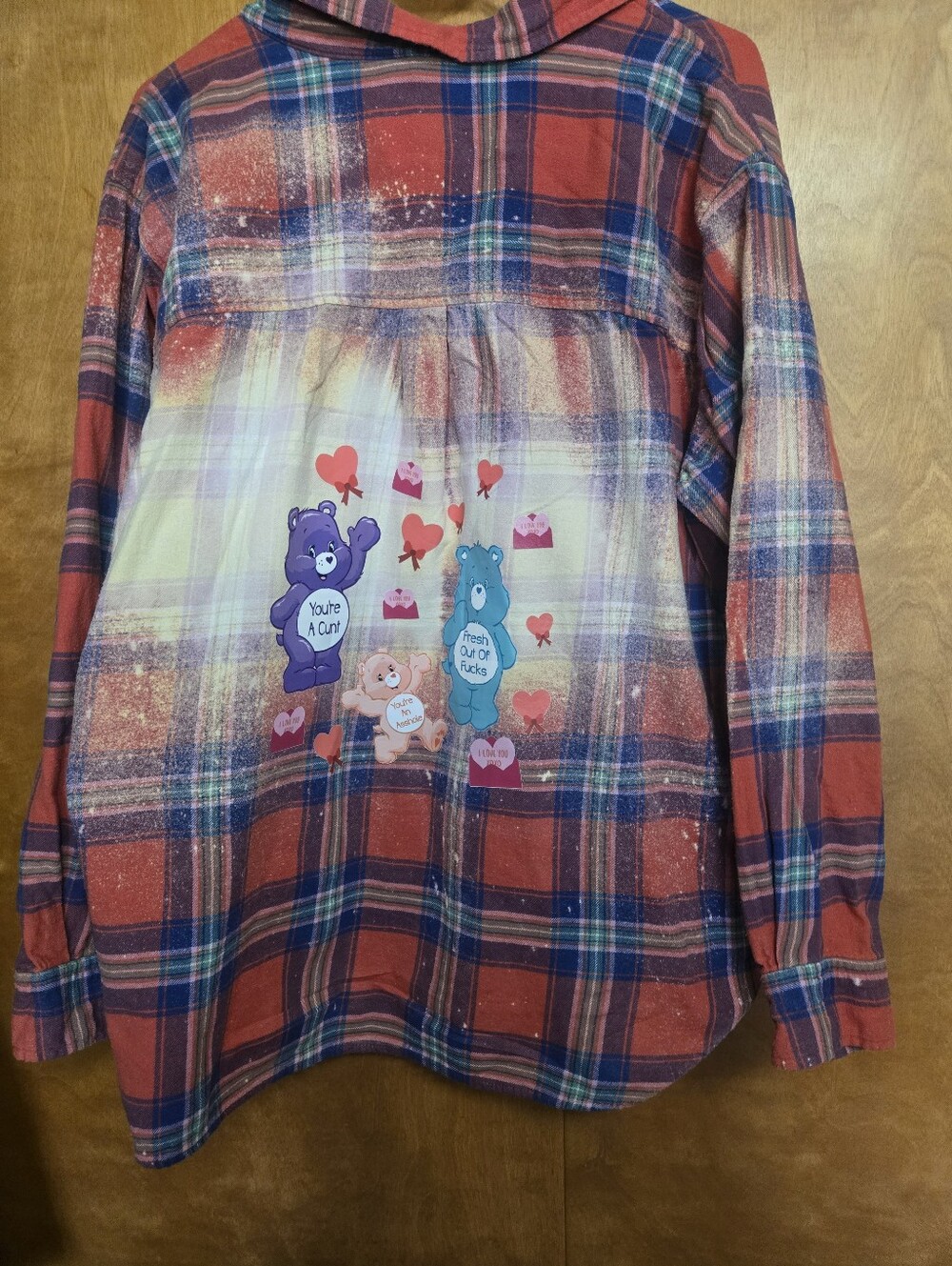 Upcycled Plaid Flannel Top w/ Cute Bear Graphic & Bleach Wash LS06 - Picture 7 of 10